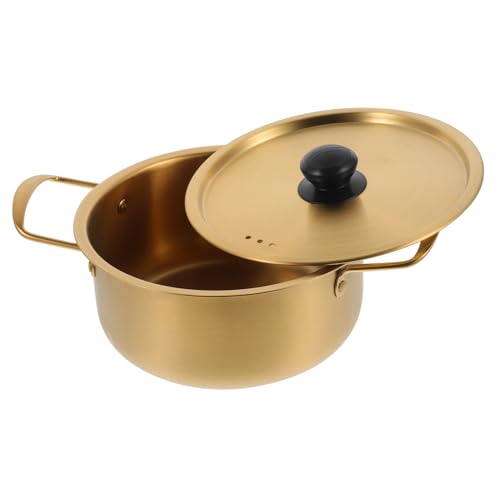 BEBEMOKO Olla de fideos instantáneos, olla de cocina coreana con tapa, utensilios de cocina de acero inoxidable, olla coreana, olla de cocina rápida, utensilios de cocina de acero inoxidable, dorado