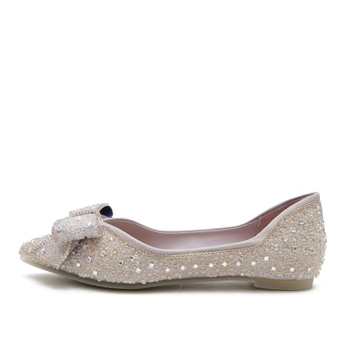 HIPPOSEUS Women's Glitter Ballet Flats Pointed Toe Flats Shoes Bowknot Wedding Dress Shoes