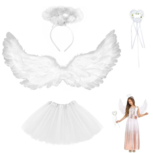 UAVAUI Halloween Angel Costume Set, 4 PCS Angel Feather Wings Tutu Skirt and Halo Headband for Kids and Adults, Costume Accessories for Halloween Birthday Themed Party, Party Role Playing
