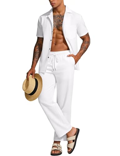 UOUA Mens 2 Piece Linen Set Summer Beach Button Down Short Sleeve...