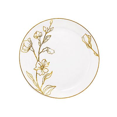 Assiettes Rondes Lavables Blanc Fleur Dorée, Taille au Choix avec Bordure Dorée, 10 Pièces, Grande 26cm - Petite 19cm, Plastique PVC Brillant, Lavable au...
