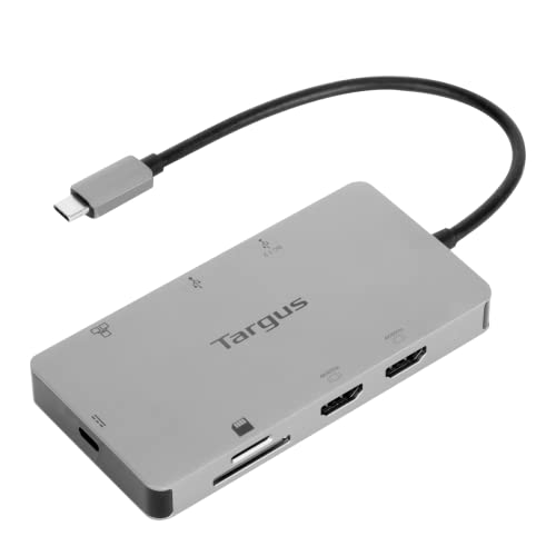 Targus Docking Station USB C Dual HDMI 4K con Fuente de alimentación Pass Thru de 100W, hub multipuerto Compatible con 2 monitores 4K UHD, estación Base – Gris, DOCK423EU