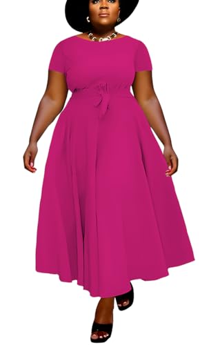 Image of BFFBABY Plus Size Dress A Line Dresses for Women Summer Long Dresses with Sleeve Casual Belted