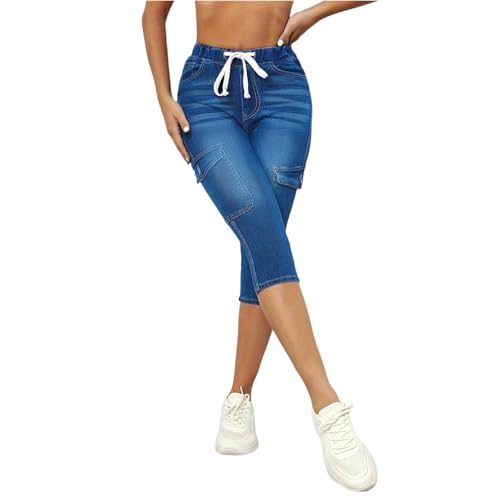 Stretchy Capri Jeans for Women Petite High Waisted Skinny Jeans Casual Elastic Drawstring Denim Capris with Pockets2