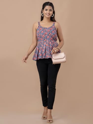 Image of feranoid Women Cotton Printed Sleeveless Strap Peplum Top