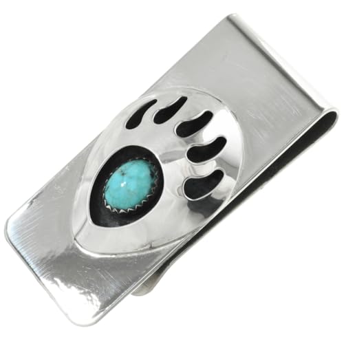 Navajo Sleeping Beauty Turquoise Money Clip Bear Paw Sterling Shadowbox on Silver Clamp 0139