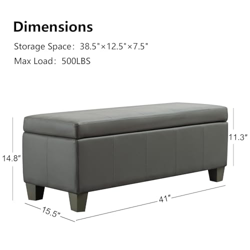 Image of 41 inch Storage Ottoman, Storage Bench with Safety Hinge, Upholstered Synthetic Leather Ottoman Bench for Bedroom, Living Room, Entryway, Hallway, Foot Rest, Support 500lbs, Grey