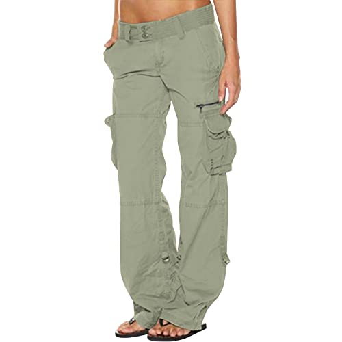 Cargo Trousers Women UK Loose Cargo Pants with Pockets Baggy High Waist Y2K Straight Casual Wide Leg Parachute Pants 90s Fashion Aesthetic Jogger Bottoms Drawstring Hippie Punk Trousers Ladies Green