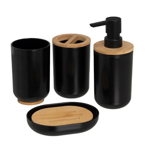 Set de dispensador, portacepillos, Vaso y jabonera de plástico Negro y bambú
