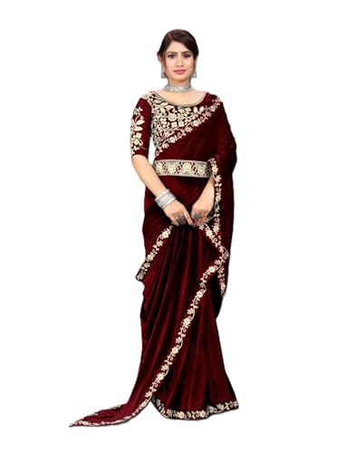 Dream Crushers Women's Velvet Embroidered Saree with Sequins Cord...