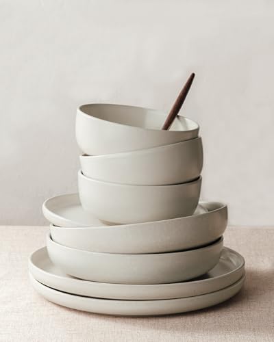 Image of Famiware Milkyway Stoneware Dinnerware Sets with Mugs, Service for 6 (24 Pieces), Reactive Glaze Plates and Bowls Sets, Microwave and Dishwasher Safe Dishes Set, Matte Beige White