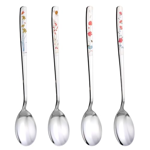 korean spoons Soup with Long Handles,4 pack 304 Stainless Steel Asian Metal Dinner Spoon, 8 Inch Chinese Tablespoon, Large Round Soup Spoons for Coffee, Desserts Dishwasher Safe (Flower Pattern)