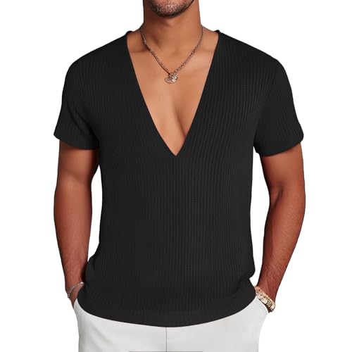 Muscle Shirts for Men Texture Deep Vneck Short Sleeve Tshirts Stretch Breathable Outdoor Running Workout Sweatshirts4