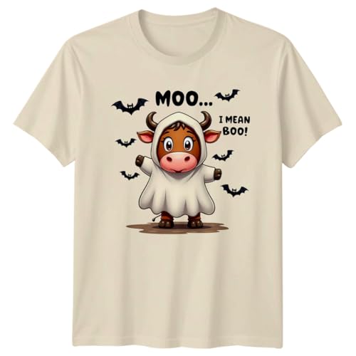 Moo I Mean Boo Halloween Cow Ghost Costume Mens T-Shirt Womens Graphic Tee Funny Animal Spooky Theme Unisex Top L