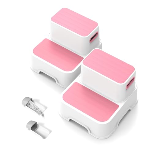 2 Step Stools for Kids, Multifunctional Toilet Potty Stool for Kids,Toddler Step Stool for Bathroom Sink,No-Slip Double up Stepping for Toddlers Bathroom,Toilet Potty Training，2 Packs，Pink