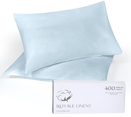 Image of Royale Linens 400 Thread Count 100% American Grown Cotton Queen Pillowcase Set - Luxury Sateen Queen Pillow case - 20 inchx30 inch Inch - Soft & Smooth Set of 2 Blue Pillowcases - (Queen, Caribbean Blue)