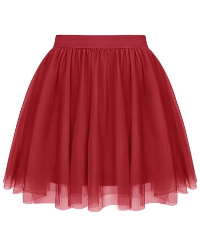 Lovasy Tüllrock Damen Kurz Schwarz Rock 2 Lagen Tüll Elastische Taille Sommerrock Party Prom Rock Rot 2XL-3XL