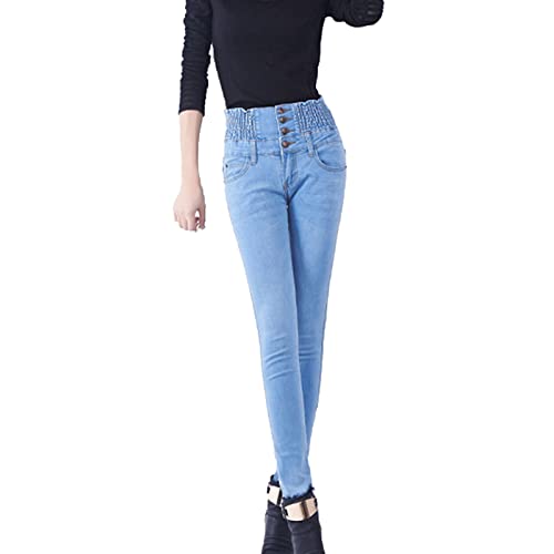 Maiyifu-GJ Women's High Waist Stretch Skinny Jeans Slim Fit 4 Button Denim Pants Solid Color Butt Lifting Jean Trouser (Light Blue,36)