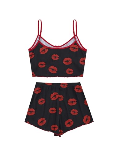Image of Hilinker Womens Graphic Print Ribbed PJ Set Crop Cami Tops and Shorts Cute Pajamas Set