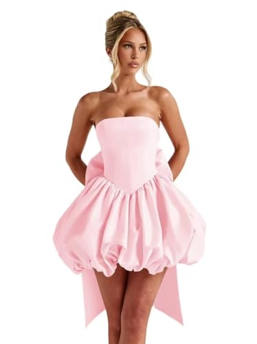 Short Puffy Satin Homecoming Dresses with Bow Strapless A Line Short Prom Dress Light Pink Puffy Cocktail Party Dress for Teens Size 2