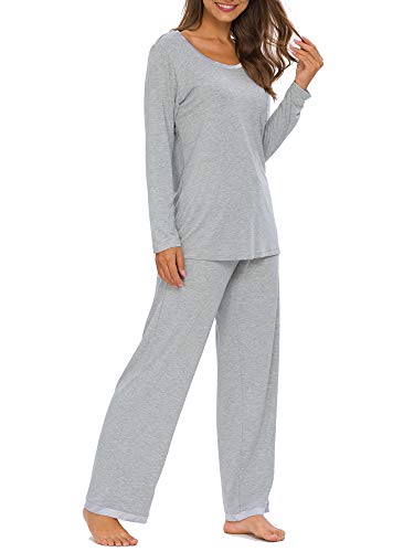 Bapooway Women's Long Sleeve Pajama Set Sleepwear Scoop Neck Pjs Sets S-4Xl, Grey,2X-Large #TOP2