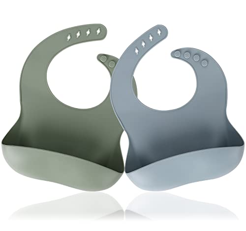 Image of Socub Silicone Baby Bibs, Comfortable Waterproof Silicone Bibs for Babies & Toddlers, BPA Free, with Food Catcher Pocket, Sage, Ether