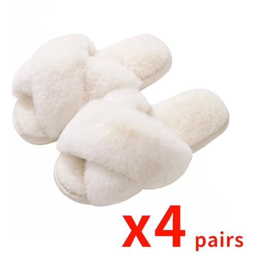 Evshine 2Pairs 4Pairs Women's Fuzzy Slippers Cross Band Memory Foam House Slippers Open Toe Indoor Outdoor Shoes2