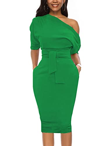 Image of Nature Comfy Elegant Womens Wear to Work One Shoulder Belted Pencil Dress | Cocktail Party, Casual, Wedding Guest, Day to Night, Asymmetrical Neck, Side Pockets, Bodycon, Elegant Formal Occasions