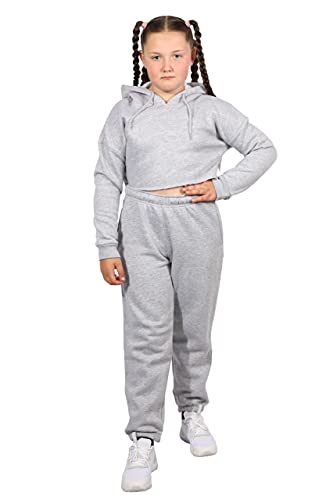 trending babz Conjunto de chándal liso con capucha para niñas y niños, de manga larga, forro polar, con capucha, parte superior inferior, para correr, para correr de 7 a 13 años, gris, 11-12 años