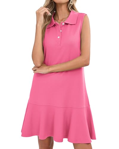 Image of YEXPINE Women's Sleeveless Polo Dress Ruffle Hem Lapel V Neck T-Shirt Summer Mini Dresses