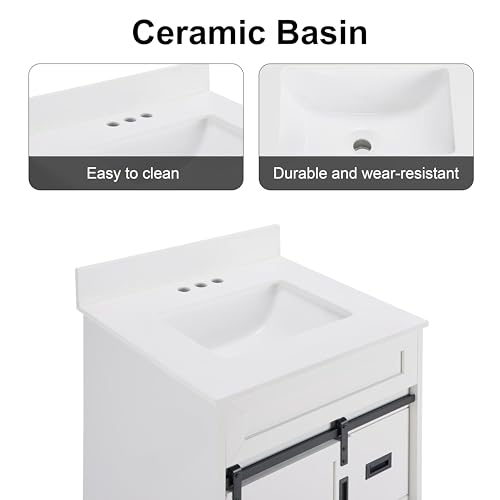 AOPNOMU 24’’ Inch White Bathroom Vanity Set - MDF+Metal Construction, with Sink,with Sliding Barn Doors and 2 Drawers, Freestanding Bathroom Vanities,White - Thumbnail 3