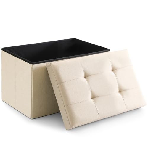 Image of Storage Ottoman Bench Foldable Footrest Foot Stool, 16 inch Fabric Beige