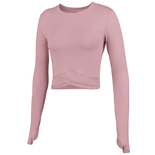 Dream Slim Women Crop Tops Long Sleeve Open Back Yoga Running Shirts Gym Workout Tank Tops (Pink Long, L) #TOP4