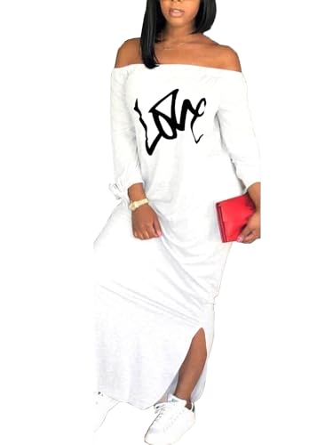 Image of Women's Casual Off Shoulder Maxi Dress - African Print Summer Loose Long Sleeve Tunic T Shirt Dresses with Pockets