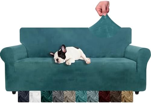 XINEAGE 1 Piece Velvet Couch Covers for 3 Cushion Couch Living Room High Stretch Sofa Cover Pets Dogs Friendly Anti Slip Thickened Slipcovers Furniture Protector (3 Seater, Blackish Green)