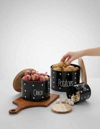 Image of Set of 3 Potato Onion & Garlic Storage Container For Kitchen | Storage Container For Kitchen Storage with Lid. (Black)