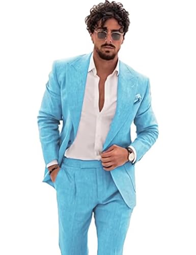 Linen Suit for Men Casual Slim Fit 2 Piece Suits Summer Beach Wedding Groomsmen Suits Blazer Pants Set
