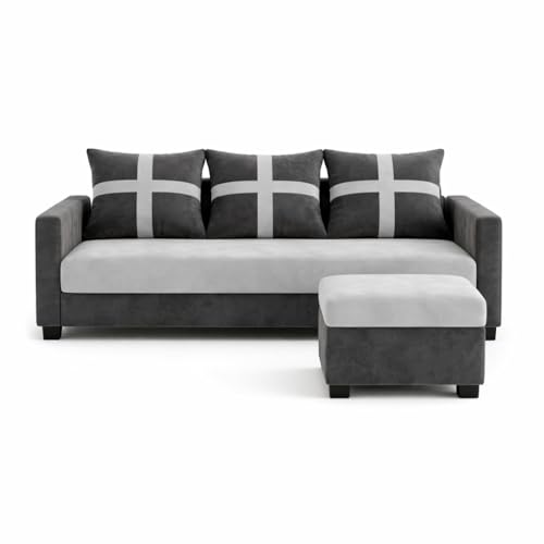 Image of Caviriq 4 Seater L Shape Sofa Set with Movable Ottoman | Flexible Left or Right Layout | Luxury Velvet Suede Fabric | Modern Living Room Sofa | Dark Grey-Light Grey