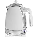 Ovente Electric Stainless Steel Hot Water Kettle 1.7 Liter Victoria Collection, 1500 Watt Power Tea Maker Boiler with Auto Shut-Off Boil Dry Protection Removable Filter and Water Gauge, White KS777W