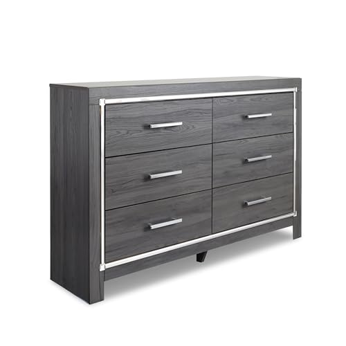 Signature Design by Ashley Lodanna Modern Glam 6 Drawer Dresser with Faceted Chrome Accents, Gray Wood Grain