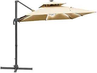Outsunny 3m Cantilever Roma Parasol, Offset Patio Umbrella, Solar LED Lighted Hanging Sun Shade Canopy 250g Polyester SunShade with Aluminium Frame, Tilt & Crank Handle, Cross Base for Lawn