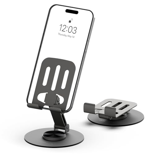 Image of Amkette Ergo 360 Alloy Mobile Stand for Desk, Foldable Design with Stable Rotational Metallic Round Base, Multiple Height & Angle adjustments for Smartphones, Tablets & iPad (Grey)