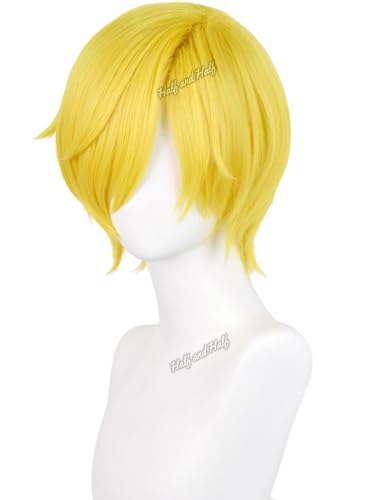 Image of Half and Half Short Blonde Pirate Chef Anime Cosplay Wig for Men Yellow Golden Side Part Male Fighter Costume Wigs for Unisex Women Halloween Party Daily