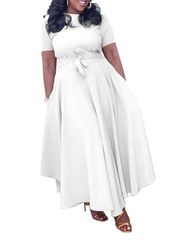 Image of Hostoyo Women Plus Size Formal A Line Maxi Dress Self Tie Waist with Pockets Elegant Round Neck Swing Long Dresses