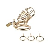 LEQC Chastity cage for Men Steel Chastity Devices Cock cage Male Chastity Belts Penis cage Premium Metal Gold Locked Cage Sex Toy for Men (3 Rings), Lock and 2 Keys Included