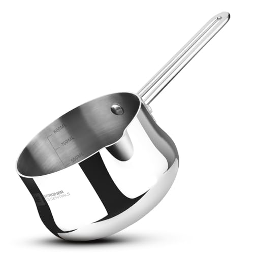 Bergner BE Essentials Tri-Ply 12cm (900ml) Stainless Steel Coffee Warmer/Milk Warmer, Even & Faster Heating, Food Safe, Durable, Easy to Pour, Serve and Clean - Induction Bottom and Gas Stove Ready