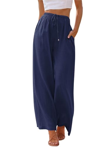 Image of LILLUSORY Women's Linen Summer Palazzo Pants Flowy Wide Leg Beach Pants with Pockets