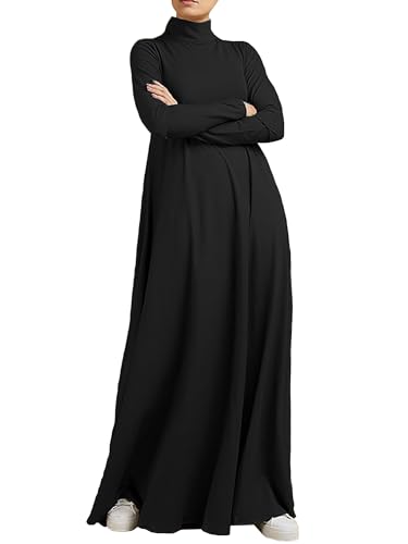 WSPLYSPJY Women Girls High Neck Long Sleeve Abaya Muslim Dress Solid Color Prayer Clothes Islamic Robe