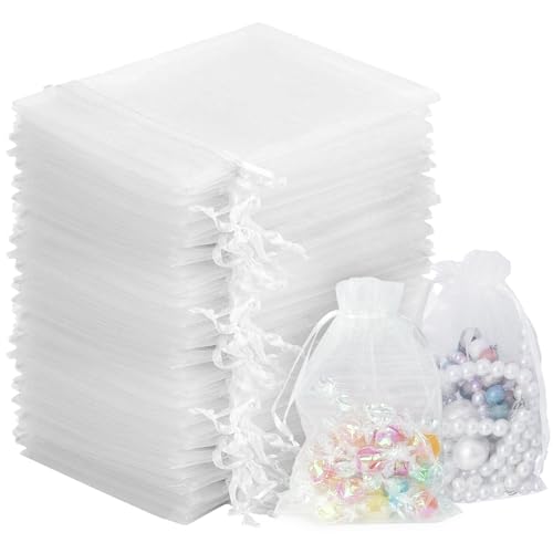 KENPOJO Lot de 120 Sachet Organza 10x15 CM, Blanc Sac Cadeau en Organza avec Cordon de Serrage, Sachet Lavande Vide Transparent Petits Pochette Cadeau Noel...
