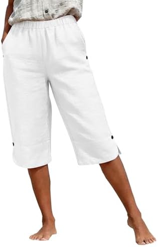 Black Capri,Women's Casual Pants & Capris Elasitc Waist Split Hem Trousers with Pockets White S - 4